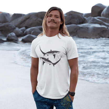 Man wearing Thresher Shark T-shirt with black and white design at the beach, ideal for fish, fishing, and angling enthusiasts.