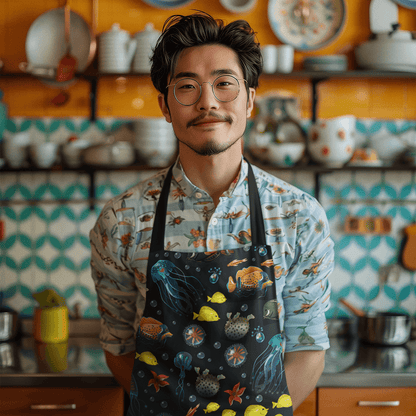 Man wearing a deep sea fish and jellyfish apron, standing in a colorful kitchen