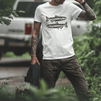 Man in the woods wearing a chinook salmon T-Shirt.