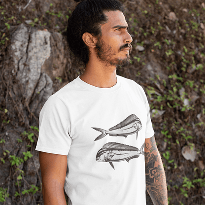 Man wearing a white Mahi-Mahi T-Shirt with artistic black and white fish design, perfect for fishing and angling enthusiasts.