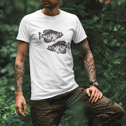 Man wearing a white Crappie T-Shirt with black and white fish design, perfect for fishing enthusiasts.