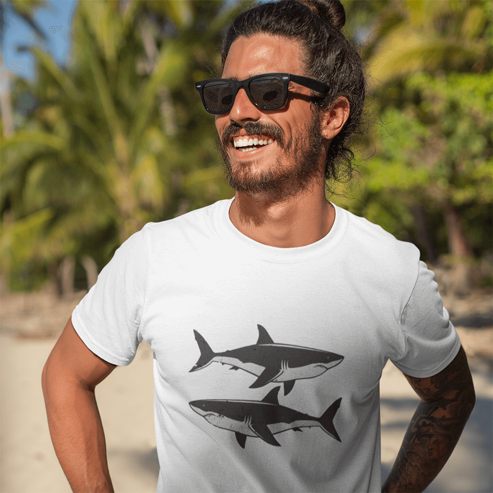 Man wearing white Tiger Shark T-Shirt with black and white fish design, smiling on a sunny beach with palm trees.