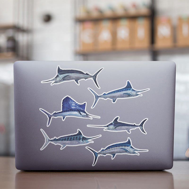Marlin stickers on a laptop.