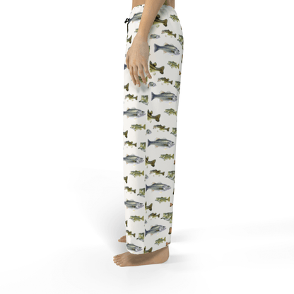 Women's pajama pants featuring fish pattern design side view.