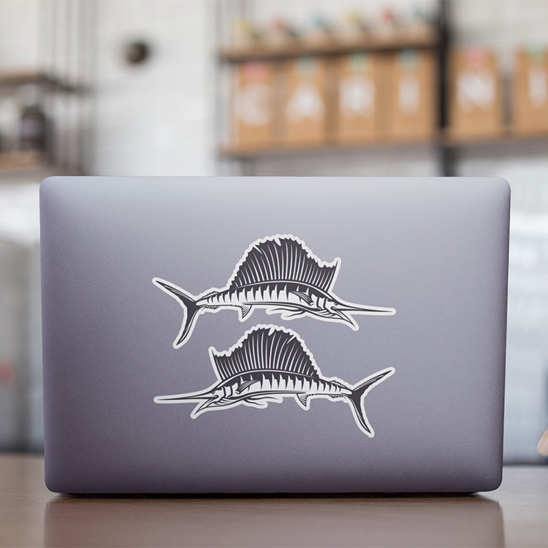 Sailfish stickers on a laptop.