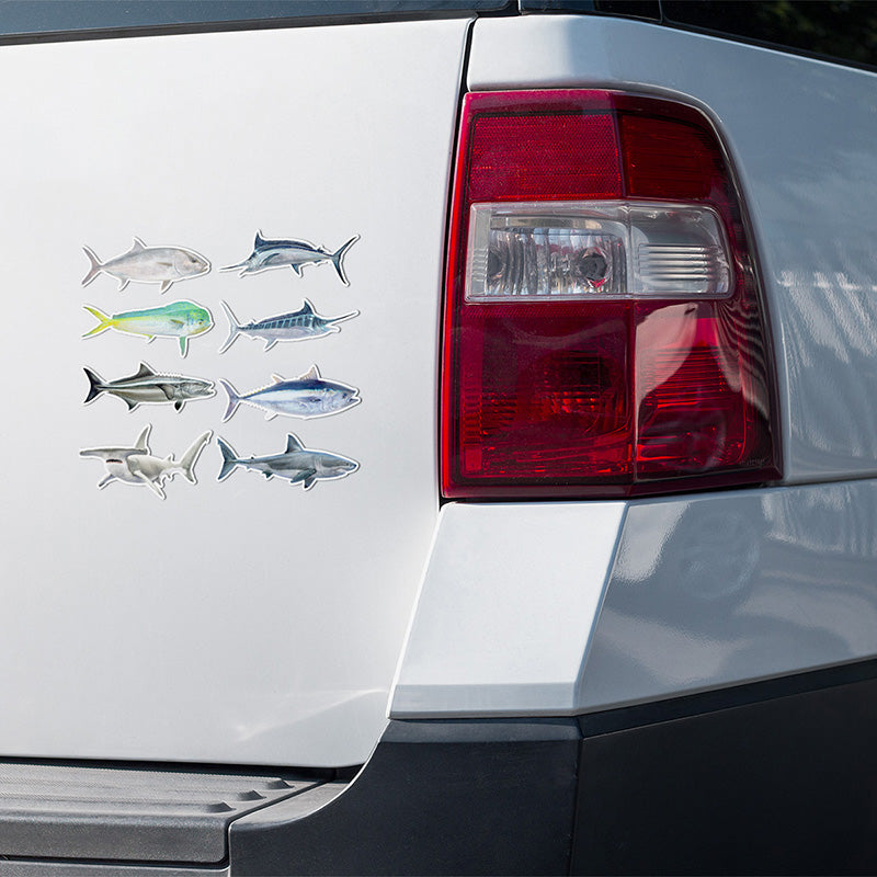 Saltwater gamefish stickers on a truck.