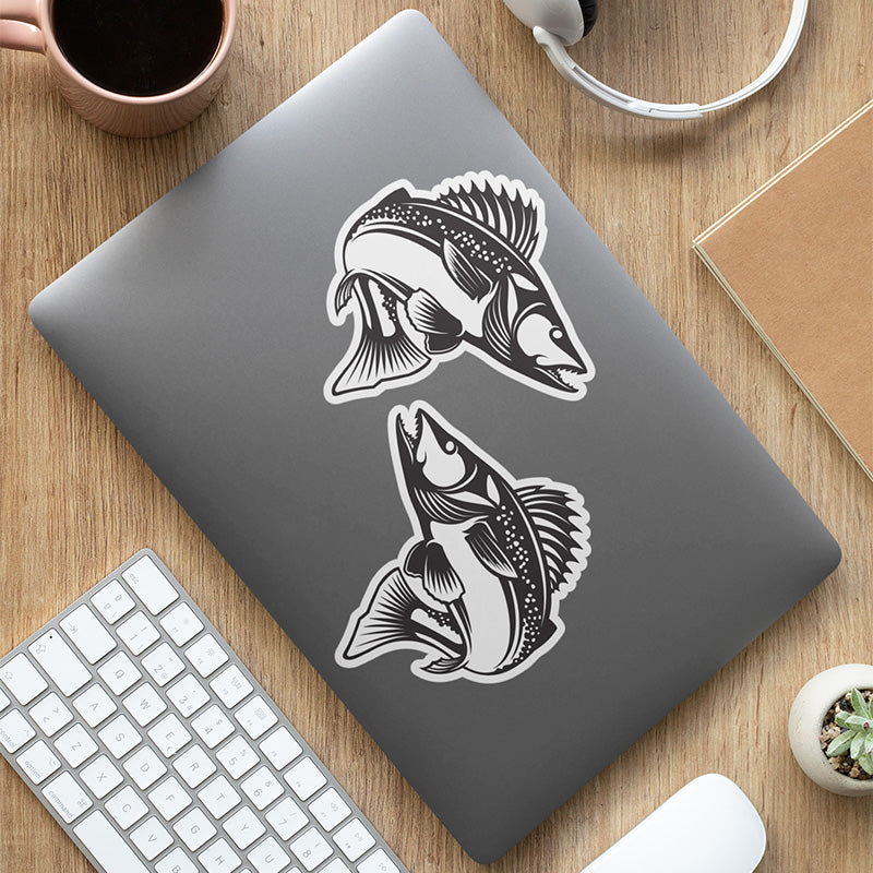 Walleye, black and white stickers on a laptop.