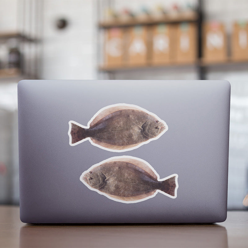 Winter Flounder stickers on a laptop.