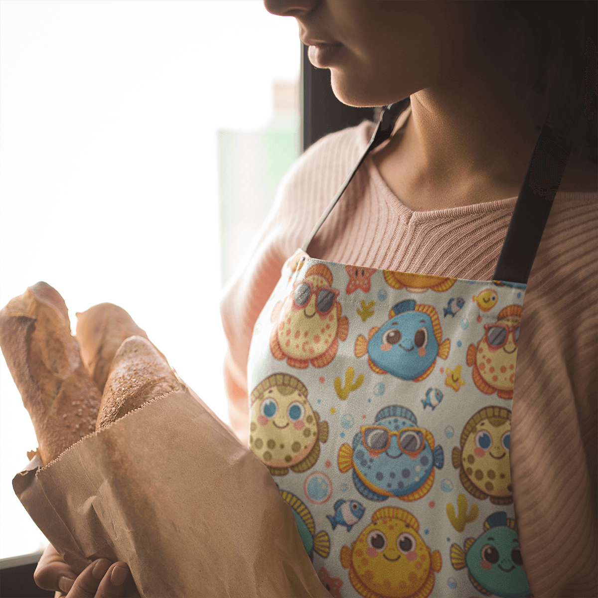 Person wearing cute fish flounder apron holding fresh baguettes in a paper bag