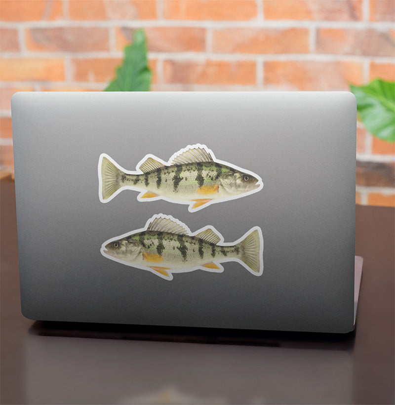 Yellow Perch stickers on a laptop.