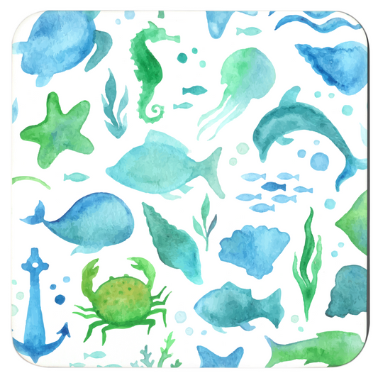 Colorful watercolor ocean design coaster with dolphins, Jellyfish, and starfish for drink coaster set.