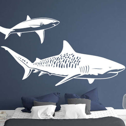 "Shark wall decals above bed in modern bedroom decor"