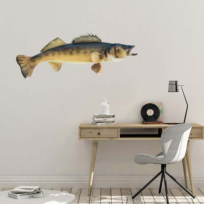 Walleye fish wall decal above modern wooden desk with chair in home office setup.