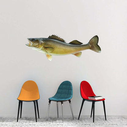 Fish wall decal above colorful modern chairs on a minimalist white background.