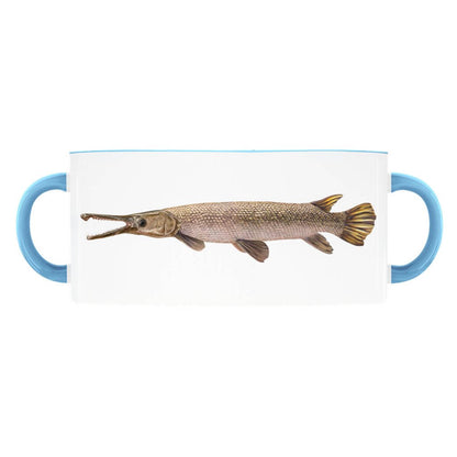 Mug featuring a detailed illustration of a gar fish with blue handles