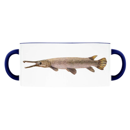 "Ceramic mug with vintage fish illustration and blue handles"