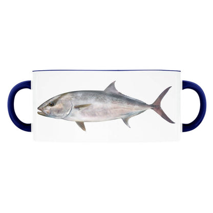 Ceramic mug with a printed image of a fish, featuring blue handles on each side.