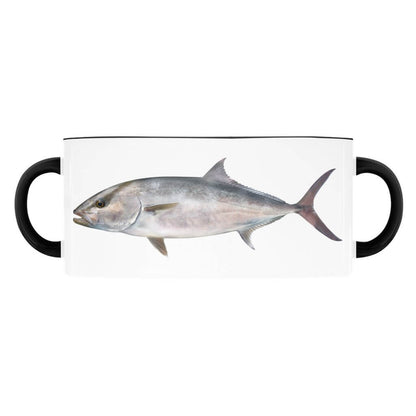 Two-tone coffee mug with fish illustration design, featuring black handles and detailed fish artwork.