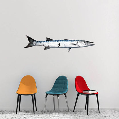 Barracuda wall art above colorful chairs on a minimalist background.