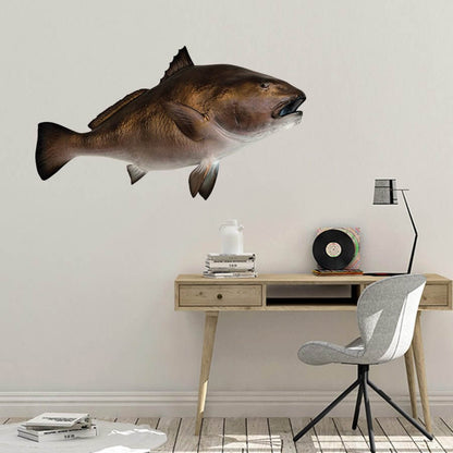 Realistic fish wall decal in modern home office setting with desk and chair.