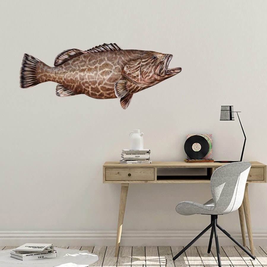 Black Grouper fish wall decal on a home office wall above a wooden desk and stylish chair