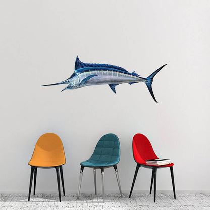 Blue Marlin wall decal above colorful chairs - fish wall decals.