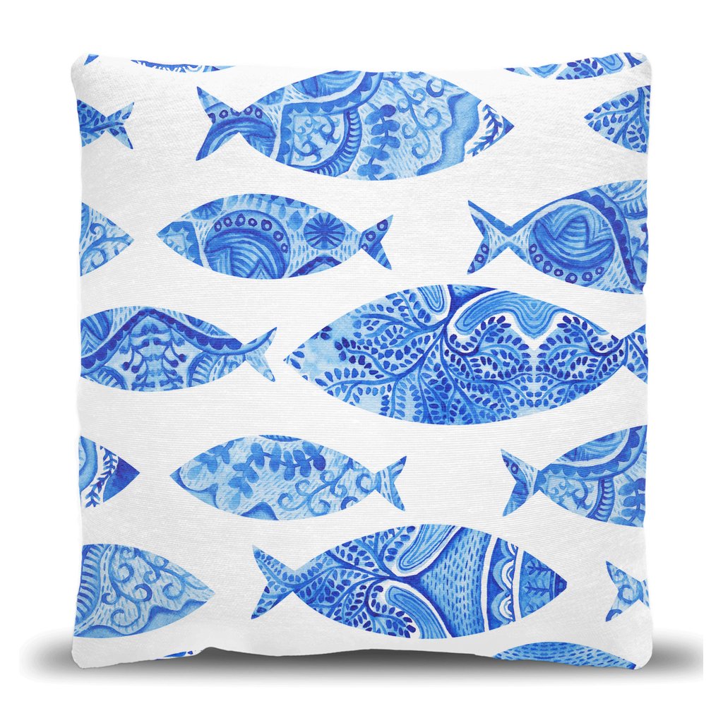 Blue Watercolor Fish Woven Pillow - madfishlab.com