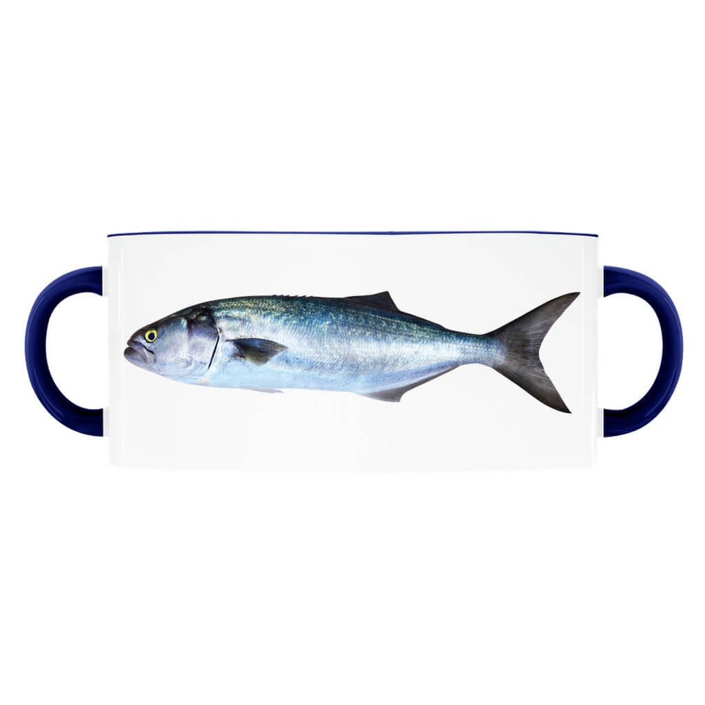 Mug with blue fish design and blue handles on each side.