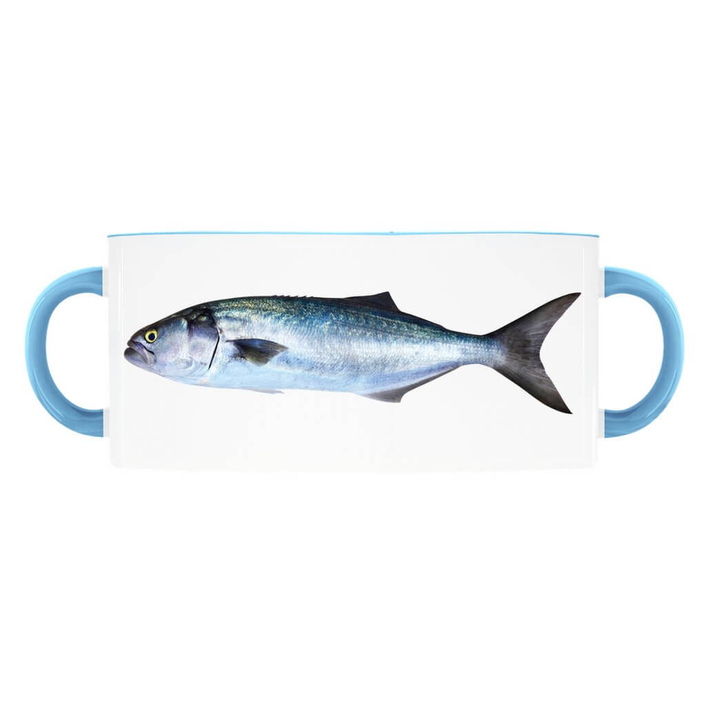 Rectangular mug with blue handles featuring a detailed image of a bluefish.