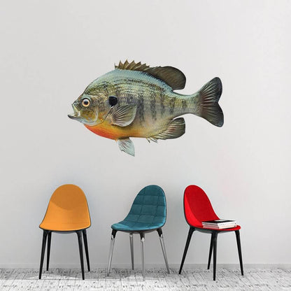 Bluegill fish wall decal above colorful chairs in living room