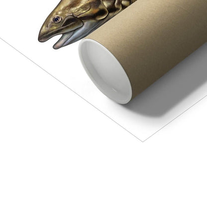 Fish poster print partially rolled up in a brown cardboard tube.