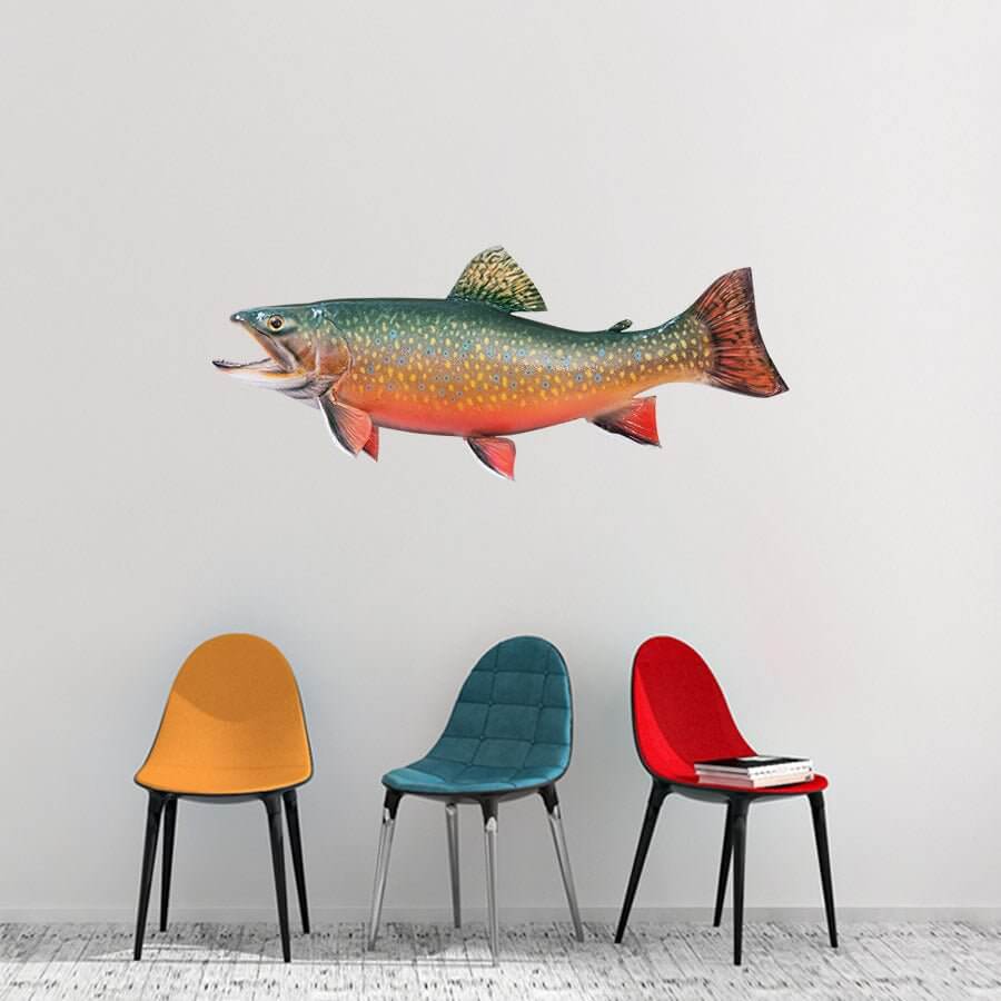 Brook Trout fish wall decal above colorful chairs in modern room