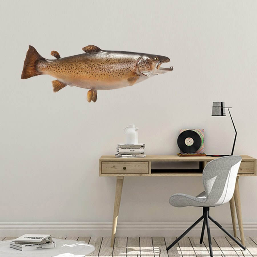 Brown trout wall decal above a wooden desk in a modern room, showcasing fish wall stickers installation.