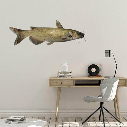 Channel catfish wall decal above a modern desk setup in a home office.