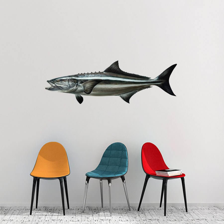 Large cobia fish wall decal, 40"-70", customizable size and text, perfect fishing wall decor above modern chairs.