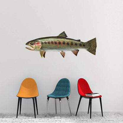 Cutthroat Trout fish wall decal above colorful chairs on white wall