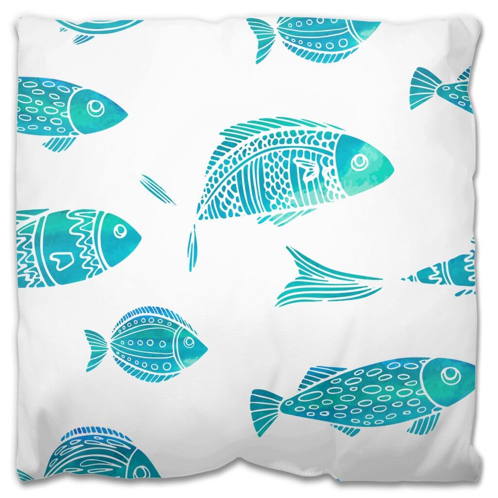 Fish Watercolor Blue-Green Outdoor Pillow - madfishlab.com