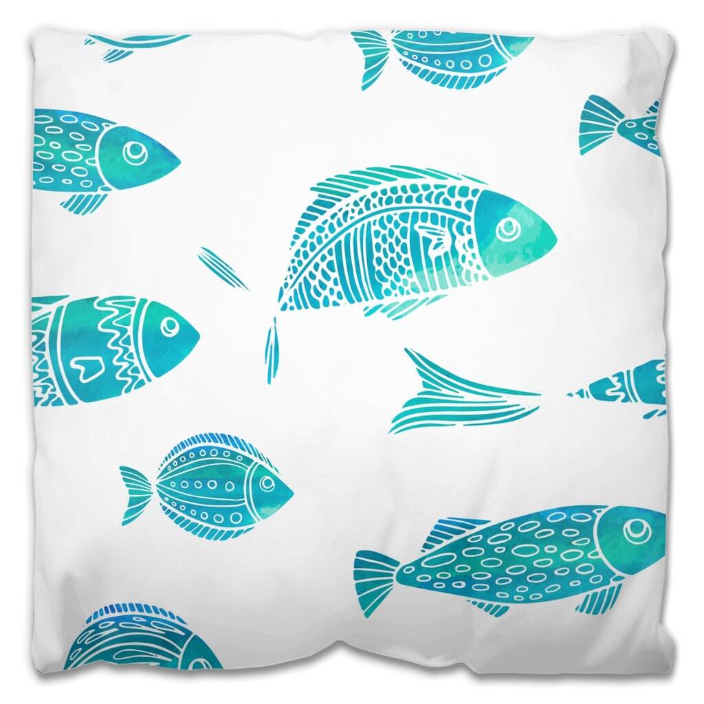 Fish Watercolor Blue-Green Outdoor Pillow - madfishlab.com