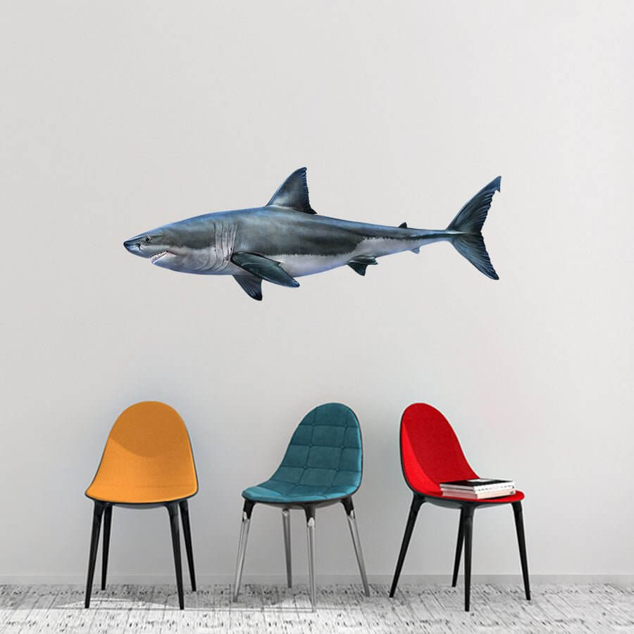 Great White Shark wall decal above colorful chairs in modern room. Ideal for fish enthusiasts looking for customizable fish wall stickers.