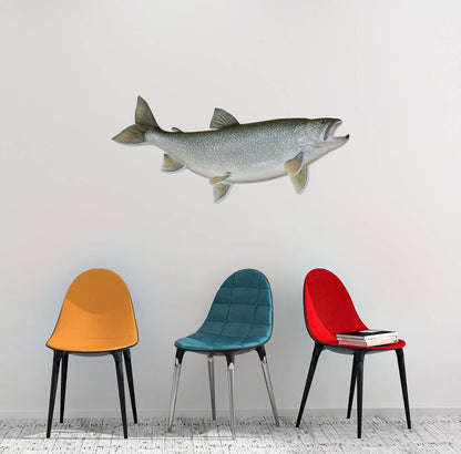 Lake Trout wall decal above colorful chairs, fully customizable from 40" to 70", perfect fish wall decals for any room.