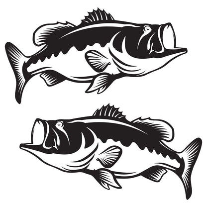 Largemouth Bass fish decals for cars in black and white, two sizes available, perfect for boats and trucks, made with marine-grade vinyl.