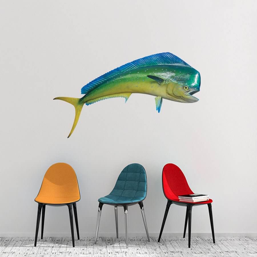 mahi mahi fish wall sticker with customizable size and text options, displayed above colorful chairs for vibrant room decor