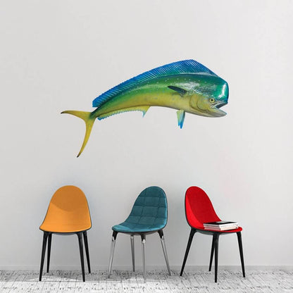 mahi mahi fish wall sticker with customizable size and text options, displayed above colorful chairs for vibrant room decor