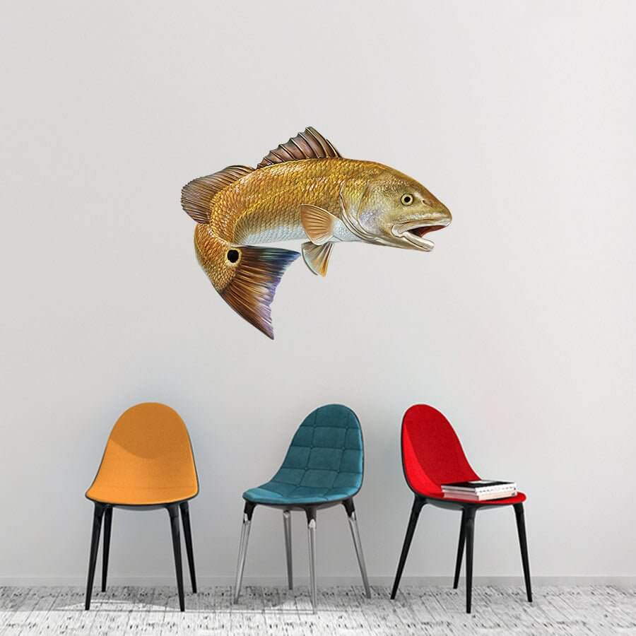 Redfish wall decal above colorful chairs, customizable fish wall stickers for modern interiors.