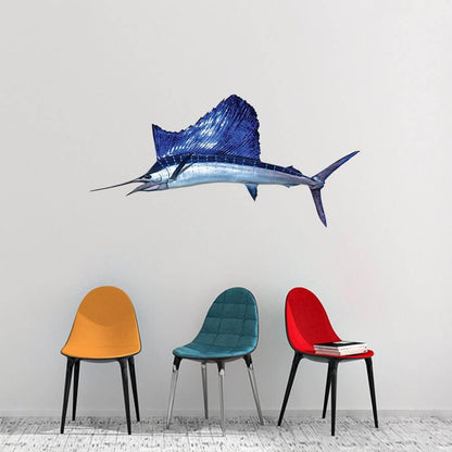 Sailfish wall decal above colorful chairs, fully customizable 40"-70", add text, perfect fish wall stickers for bedroom decor.