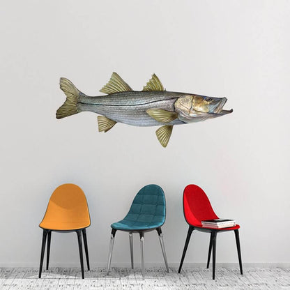 Snook fish wall decal above colorful chairs, customizable size and text from 40"-70". Perfect large fish wall decor for enthusiasts.