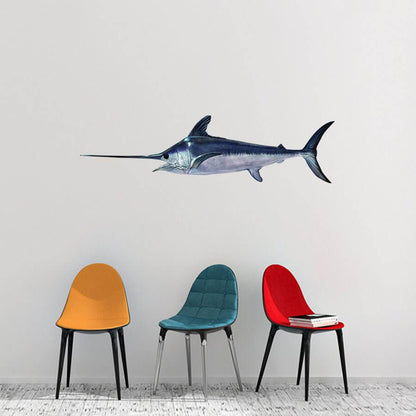 Swordfish wall decals above colorful chairs, fully customizable from 40"-70" with text. Perfect for large fish wall decor in any room.